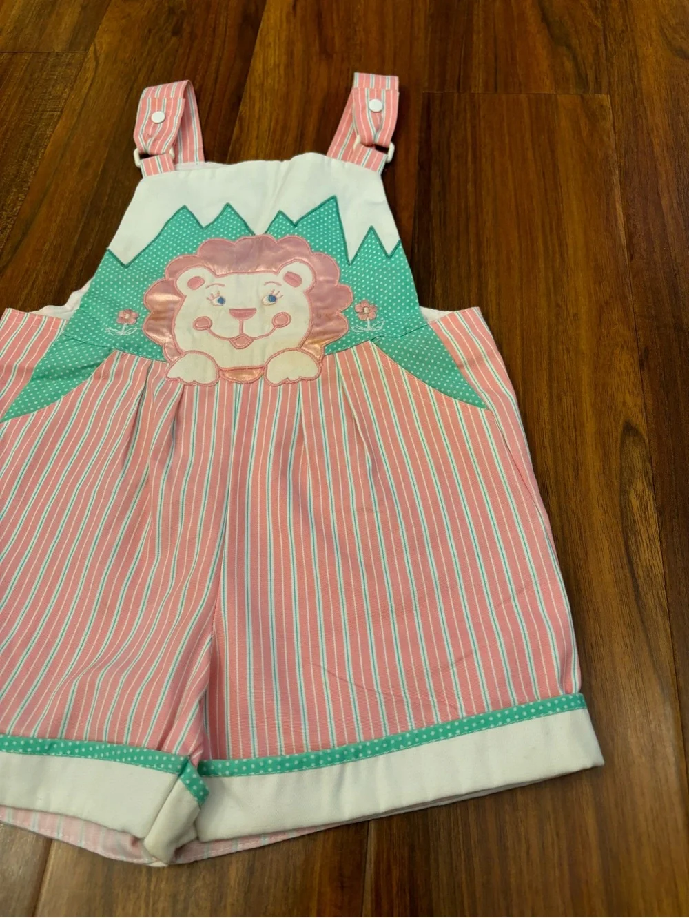 Vintage Lion Pink Stripe Embroidered Overall Shorts